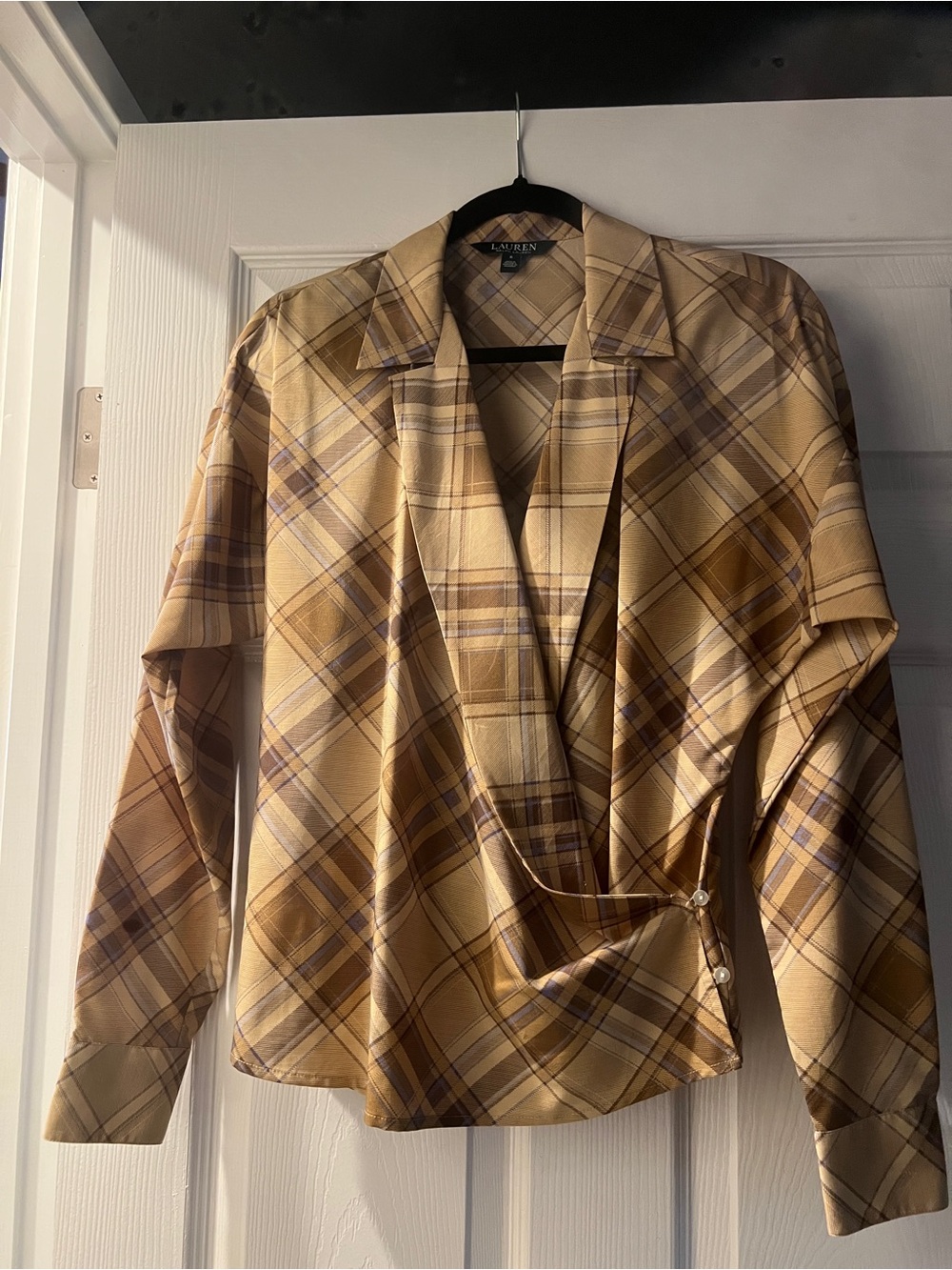 Ralph Lauren Tan & Brown Plaid Wrap Blouse